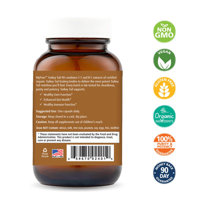 PURE ESSENCE LABS Organic Turkey Tail 4X Mushroom Extract, Vegan Mushrooms Supplement for Immune Building, 30 Capsules