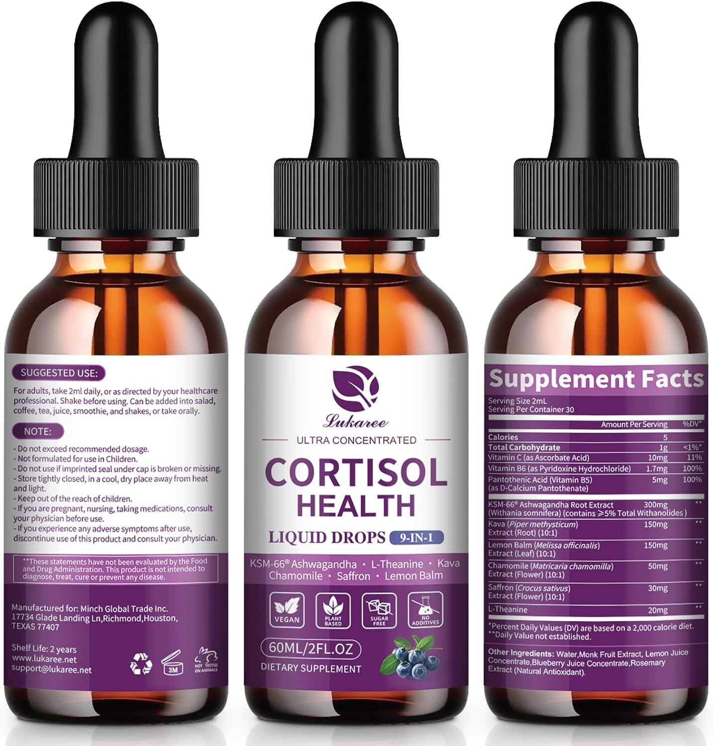 Cortisol Supplements for Women, Mood, Calm, Stress Balance, Hormone Harmony | 9 IN 1 Cortisol Reducer Liquid Drops with KSM-66® Ashwagandha, Kava, Lemon Balm, GMP Certified, 2 FL.OZ, Blueberry Flavor