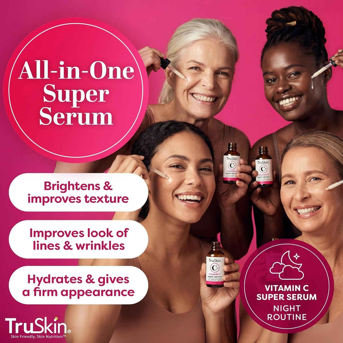 TruSkin Vitamin C Super Serum for Face, 5 Skin Benefits, 1 fl oz | Vitamin C, Retinol, Niacinamide, Hyaluronic Acid and Squalane to brighten, firm, smooth, hydrate, and refine skin