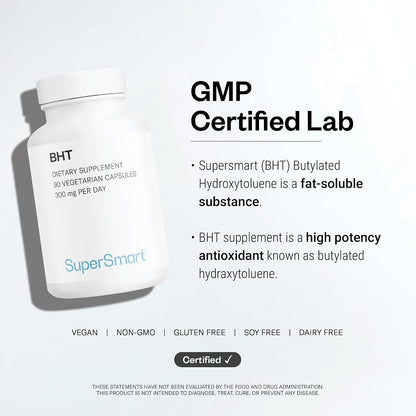 Supersmart - BHT Supplement 300mg per Day - Butylated Hydroxytoluene | Non-GMO & Gluten Free - 90 Vegetarian Capsules