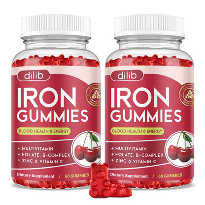 Iron Gummies with Multivitamin, Iron Supplement for Women & Men with Zinc, Vitamin B Complex & C, B12, Folate - Blood Builder & Energy Support for Adults & Kids - Strawberry Flavor, Vegan 60 Gummies