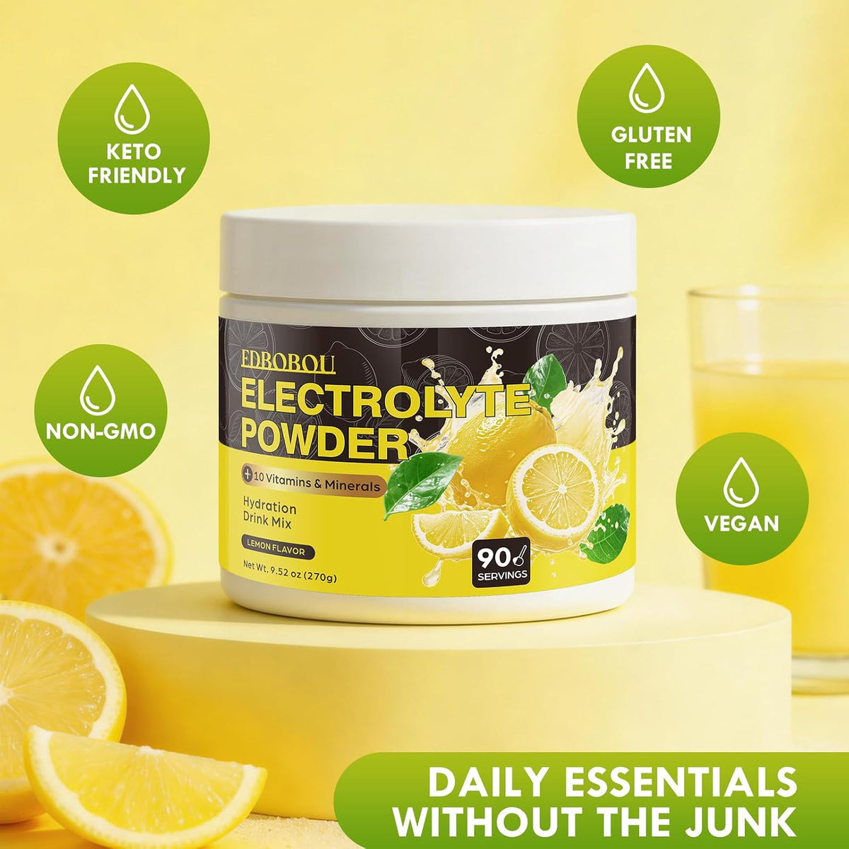 Sugar-Free Electrolyte Powder, Lemonade 0 Calories, Keto-Friendly Hydration Drink Mix with Potassium, Magnesium, and Sodium Non-GMO, Gluten-Free, Vegan, 90 Servings