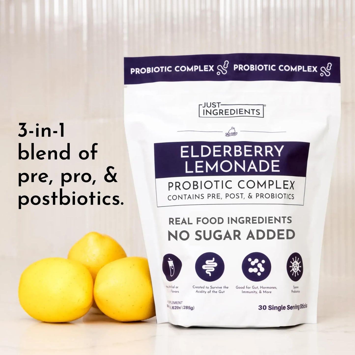 JUST INGREDIENTS Elderberry Lemonade 3-in-1 Probiotic Complex - Prebiotics, Probiotics & Postbiotics - 30 Sticks