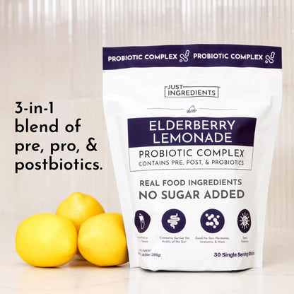 JUST INGREDIENTS Elderberry Lemonade 3-in-1 Probiotic Complex - Prebiotics, Probiotics & Postbiotics - 30 Sticks