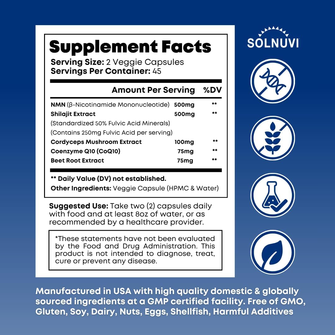 NMN 500mg & Himalayan Shilajit 50% Fulvic Acid Supplement - NAD, Mitochondria & ATP, Cellular Vitality, Trace Mineral Support - CoQ10, Cordyceps Mushroom, Beet Root Extract - 90 Veggie Capsules