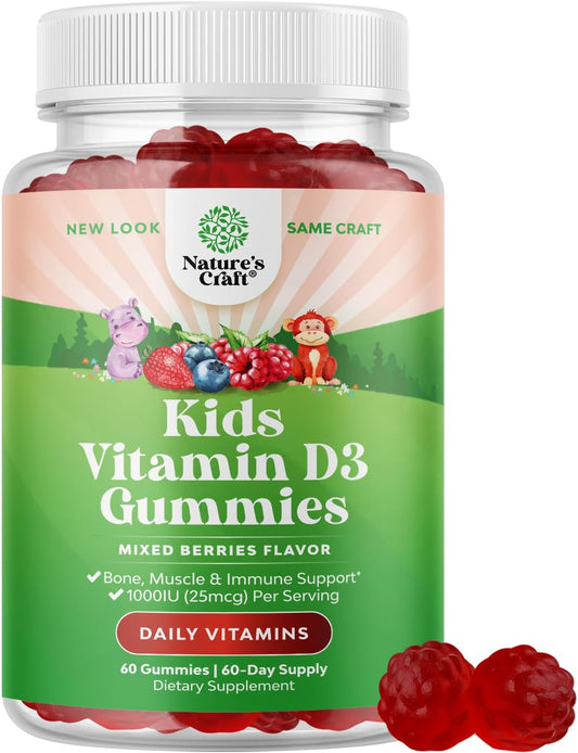 Chewable Vitamin D Gummies for Kids - Delicious Vitamin D 1000 IU Per Serving - Toddlers Immune Support Gummies - Berries Flavored Supplement for Bones Health & Muscles - Gelatin Free - 60 Count