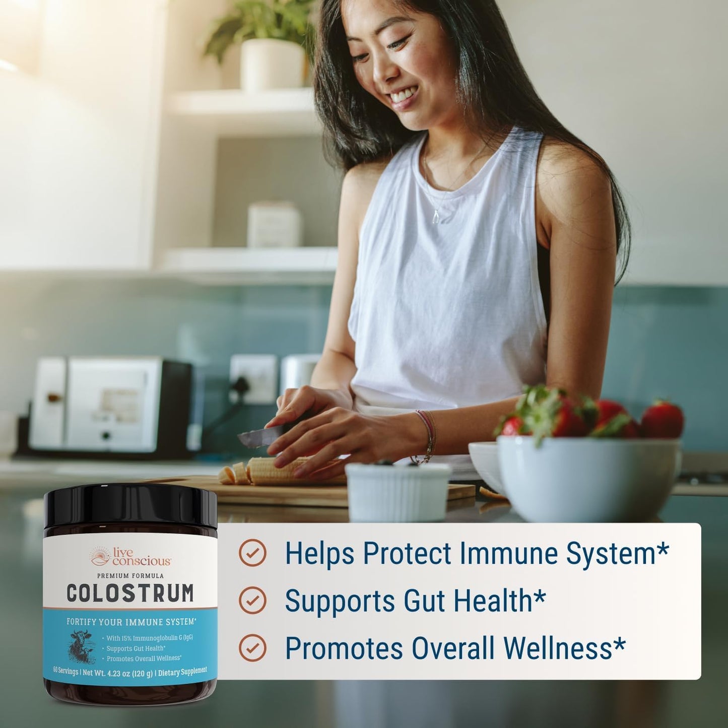 Live Conscious Colostrum Powder - Grass Fed Colostrum Supplement with Lactoferrin for Iron Absorption - Bovine Colostrum an Immune System Supplement