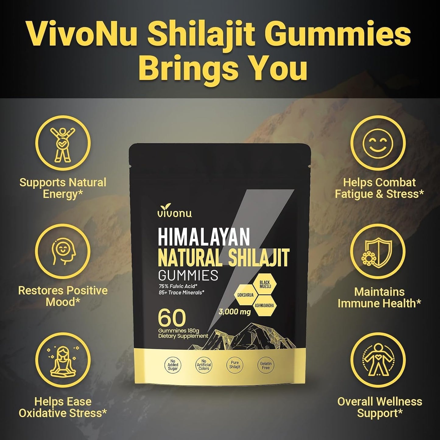 VivoNu Shilajit* Gummies,Pure Himalayan* micronutrient Supplement, Himalayan Premium Ingredient with Shilajit, Ashwagandha, Gokshura, Fulvic Acid & 85+ Trace Minerals I for Men & Women (4000MG/1 Bag)
