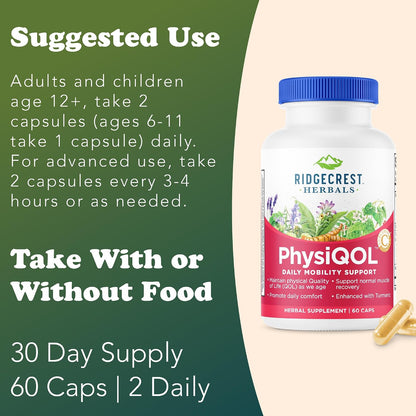 RidgeCrest Herbals PhysiQOL Turmeric Boswellia Joint Comfort 60 Ct | 30 Servings, Vegan Capsules, Natural Herbal Blend, Daily Wellness Support Formula for Adults and Seniors