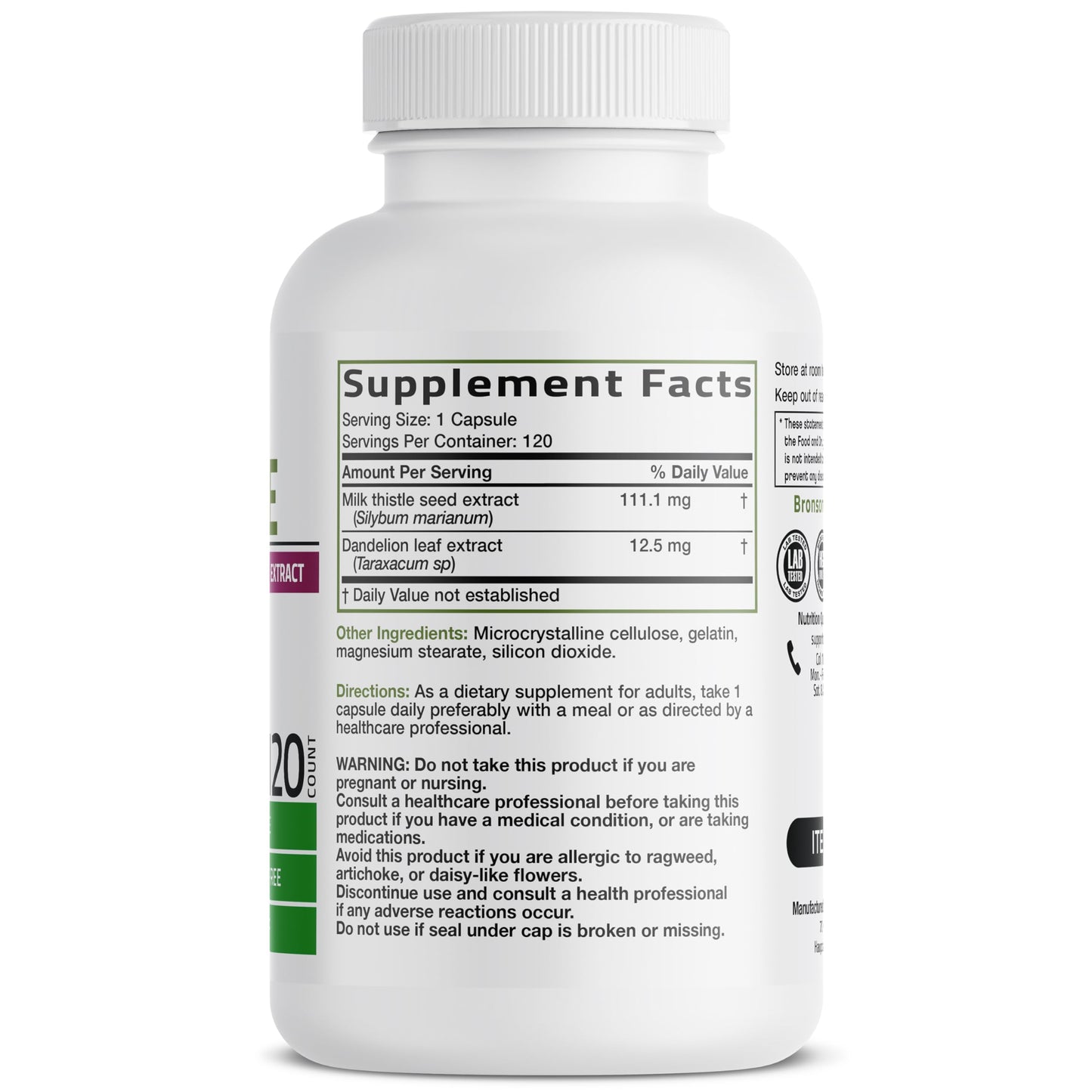 Bronson Milk Thistle Silymarin Marianum & Dandelion Extract, 120 Capsules | 2-in-1 Liver Cleanse, Health, Detox & Antioxidant Support, Non-GMO, Gluten-Free, Soy-Free