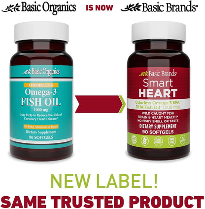 Basic Brands Smart Heart Odorless Omega-3 Fish Oil, Burp-Less, No Fishy Smell, 1000 mg, 90 Count | EPA DHA, Burpless, Heart Brain Joint, 90 Softgels