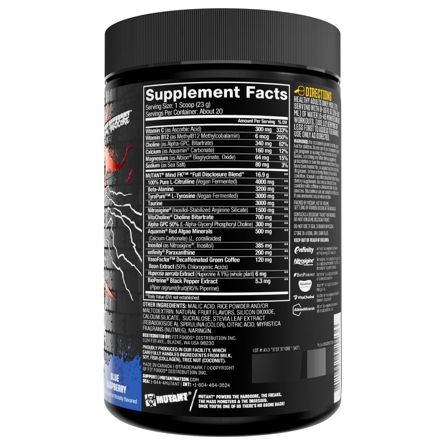 Mutant Mind FK - Epic Nootropic Pre-Workout - Brain Supplement for Mental Focus - 20 Serve - Blue Raspberry - 460g