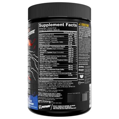 Mutant Mind FK - Epic Nootropic Pre-Workout - Brain Supplement for Mental Focus - 20 Serve - Blue Raspberry - 460g