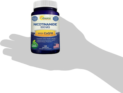 Nicotinamide with CoQ10 (120 Capsules) - Vitamin B3 500mg (Niacinamide Flush Free) - Coenzyme Q10 Powder - VIT B-3 & Coq 10 Supplement Pills to Support Energy, NAD, & Skin Cell Health