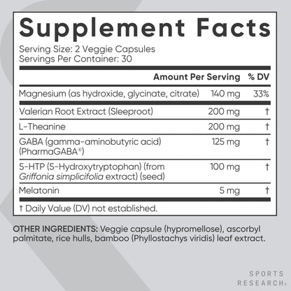 Sports Research® Sleep Complex- Melatonin-Free Vegan Capsules - with Valerian Root, GABA, L-Theanine, Magnesium & 5-HTP - 30 Servings
