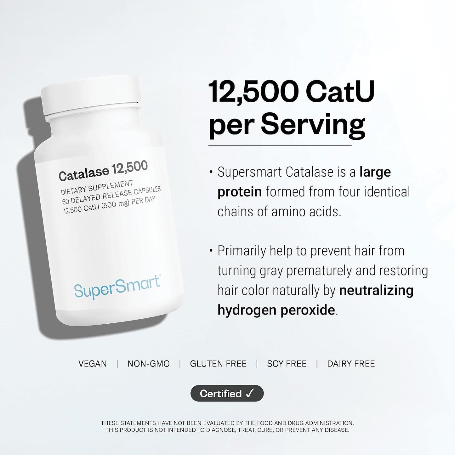 Supersmart - Catalase 500mg per Day (12500 CatU) - Natural Enzyme - Anti Gray Hair Supplement | Non-GMO & Gluten Free - 60 Delayed Release Capsules