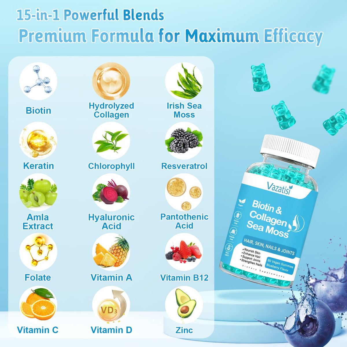 Biotin Gummies 15000mcg with Collagen, Sea Moss, Chlorophyll & Keratin for Hair Skin