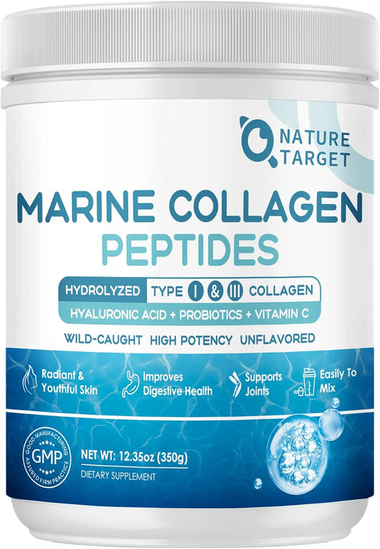 NATURE TARGET Marine Collagen Peptides Powder, 35 Servings | Type I & III Collagen, Probiotics, Vitamin C & Hyaluronic Acid, For Skin, Hair, Nails, Wild-Caught Fish & Grass-Fed Bovine