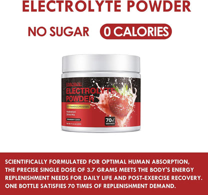 Sugar Free Electrolyte Powder Strawberry 70 Servings Refreshing Hydration Mix with Potassium, Sodium & Magnesium Fast-Absorbing Hydration Supplement, Gluten-Free, Ideal for Athletes