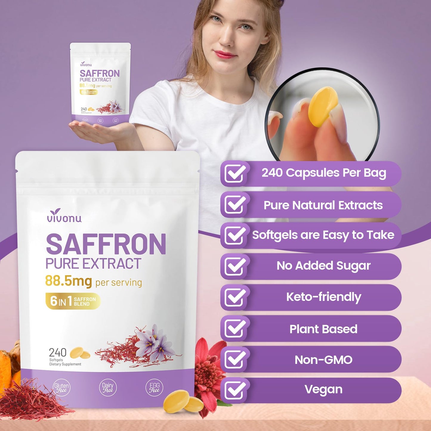 Saffron Supplements Softgels, Saffron Extract Capsules Supports Eyes Health, Energy, Mood, Immunity, Focus, Rich in Vitamin and Extracts of Saffron, Turmeric, Rosemary (240 Softgels / 1 Bag)