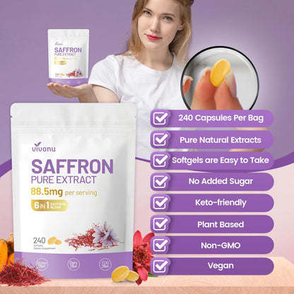 Saffron Supplements Softgels, Saffron Extract Capsules Supports Eyes Health, Energy, Mood, Immunity, Focus, Rich in Vitamin and Extracts of Saffron, Turmeric, Rosemary (240 Softgels / 1 Bag)