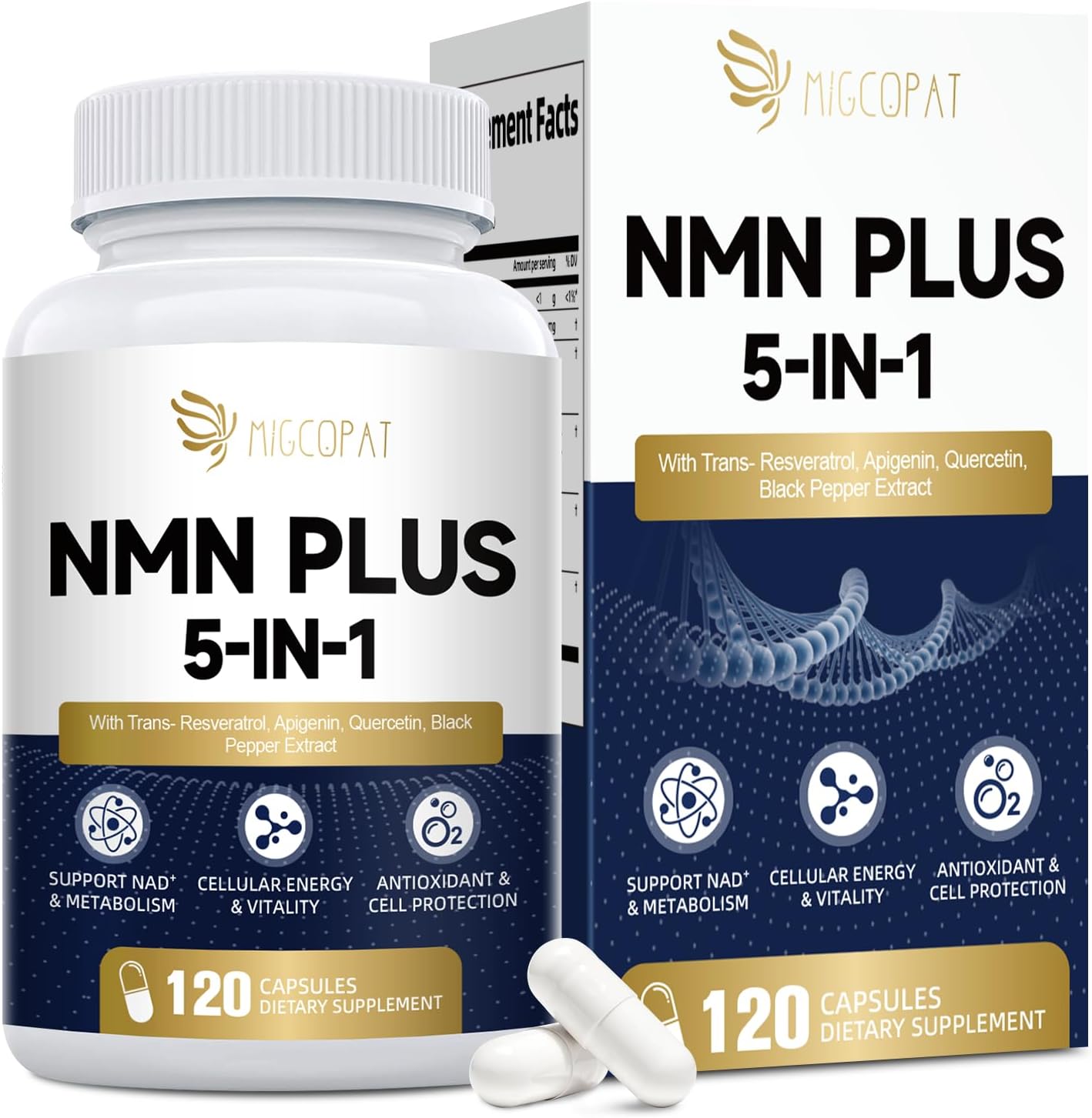 Migcopat NMN Supplement 1000mg – NMNH Alternative 5-in-1 NAD Supplement w/Resveratrol, Apigenin, Quercetin & Black Pepper – Supports Cellular Energy, Healthy Aging & Longevity – 120 Veggie Capsules