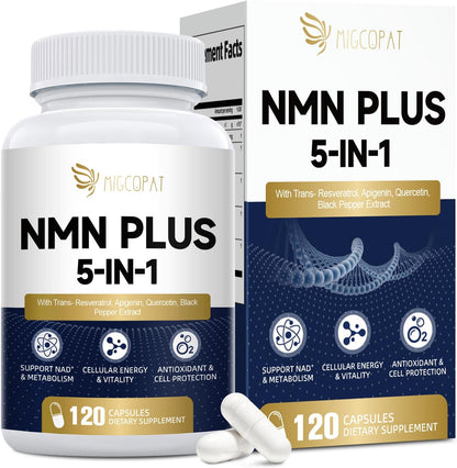 Migcopat NMN Supplement 1000mg – NMNH Alternative 5-in-1 NAD Supplement w/Resveratrol, Apigenin, Quercetin & Black Pepper – Supports Cellular Energy, Healthy Aging & Longevity – 120 Veggie Capsules