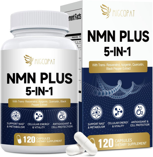 Migcopat NMN Supplement 1000mg – NMNH Alternative 5-in-1 NAD Supplement w/Resveratrol, Apigenin, Quercetin & Black Pepper – Supports Cellular Energy, Healthy Aging & Longevity – 120 Veggie Capsules