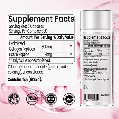 OxyEnergy Collagen Peptides Capsules for Women, Hydrolyzed Collagen Supplements with Elastin Peptides, 60 Collagen Pills to Promotes Hair, Nail, Skin, Capsulas