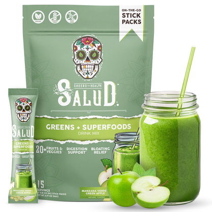 Salud 2-in-1 Greens Powder + Superfood Drink Mix, Strawberry Lime | 20+ Fruits and Veggies, Probiotics, Prebiotics, Supports Digestive Health, Bloating Relief, Vegan (15 Servings)