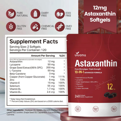 10 in 1 Astaxanthin 12mg Supplements, 4 Month Supply, Astaxantina Antioxidant from Fresh Haematococcus Pluvialis, Contains Lycopene, Grape Seed, Vitamin E, & More Supports Eye, Joints, Skin Health