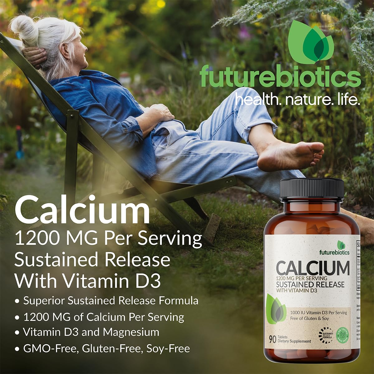 Futurebiotics Calcium 1200 MG Per Serving Sustained Release with Vitamin D3 1000 IU Per Serving Non-GMO, 90 Vegetarian Tablets