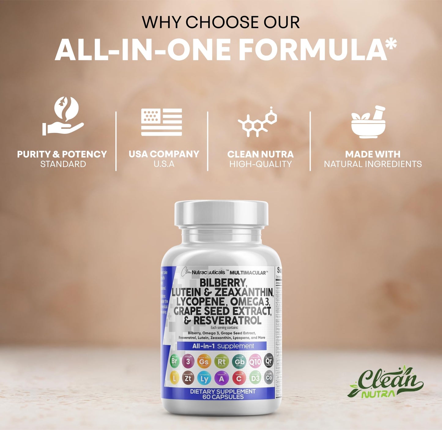 Clean Nutra Eye Vitamins with Bilberry Lutein and Zeaxanthin Supplements Lycopene 40mg Resveratrol Grape Seed Astaxanthin for Eyes - Eye Care Health Support Eye Vitamin and Mineral Supplement