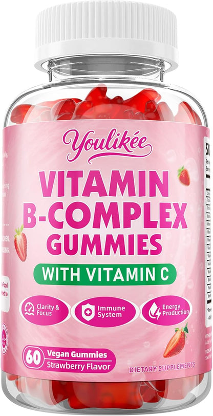 Vitamin B-Complex Gummies for Women & Men, Strawberry Flavor, 60 Count | Methyl B12, B1, B2, B3, B5, B6, B7 & B9 - Vitamin B Complex with Vitamin C for Energy, Brain & Immune Support