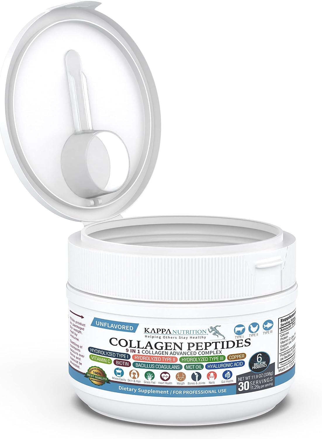 KAPPA NUTRITION Collagen Type I, II, III, 6 Billion Probiotic Acid Resistance, Hyaluronic Acid, Vitamin C, Biotin, Copper and MCT Oil, Beautiful Hair, Nails, & Skin, Collagen Peptides 9 in 1 (11.9oz)