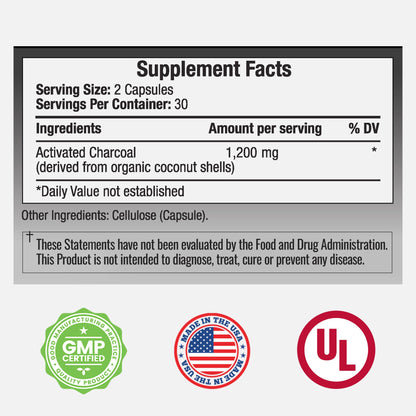 TRUEMED Activated Charcoal - 1200 mg - 60 Capsules - from Organic Coconut Shells
