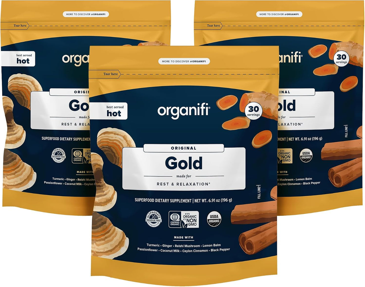 Organifi: Gold - Superfood Supplement Powder- 90 Servings (3 Pack) - Stress Support, Better Rest, Relaxation and Promotes Restful Sleep - Turmeric and Reishi Infused