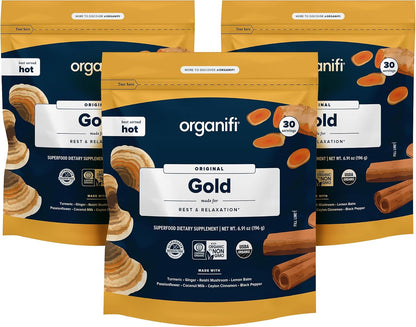 Organifi: Gold - Superfood Supplement Powder- 90 Servings (3 Pack) - Stress Support, Better Rest, Relaxation and Promotes Restful Sleep - Turmeric and Reishi Infused