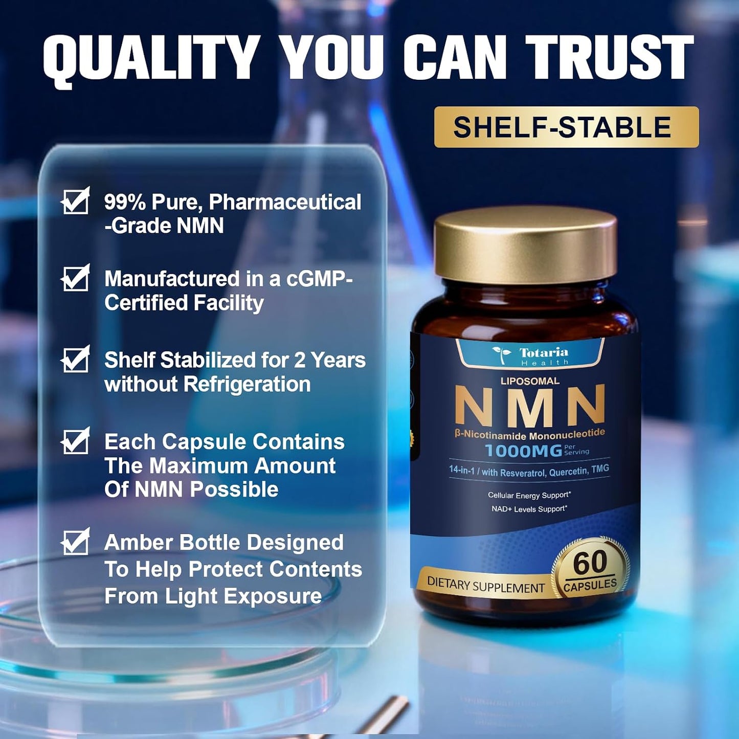Totaria Liposomal NMN Supplement 1000mg, 14-in-1 NMN Resveratrol Complex with CoQ10, TMG, Quercetin, ALA, PQQ, Support NAD Levels, Cellular Energy & Healthy Aging, 60 Capsules, cGMP, Filler Free