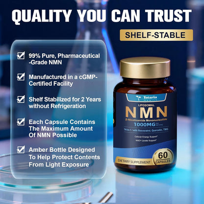 Totaria Liposomal NMN Supplement 1000mg, 14-in-1 NMN Resveratrol Complex with CoQ10, TMG, Quercetin, ALA, PQQ, Support NAD Levels, Cellular Energy & Healthy Aging, 60 Capsules, cGMP, Filler Free