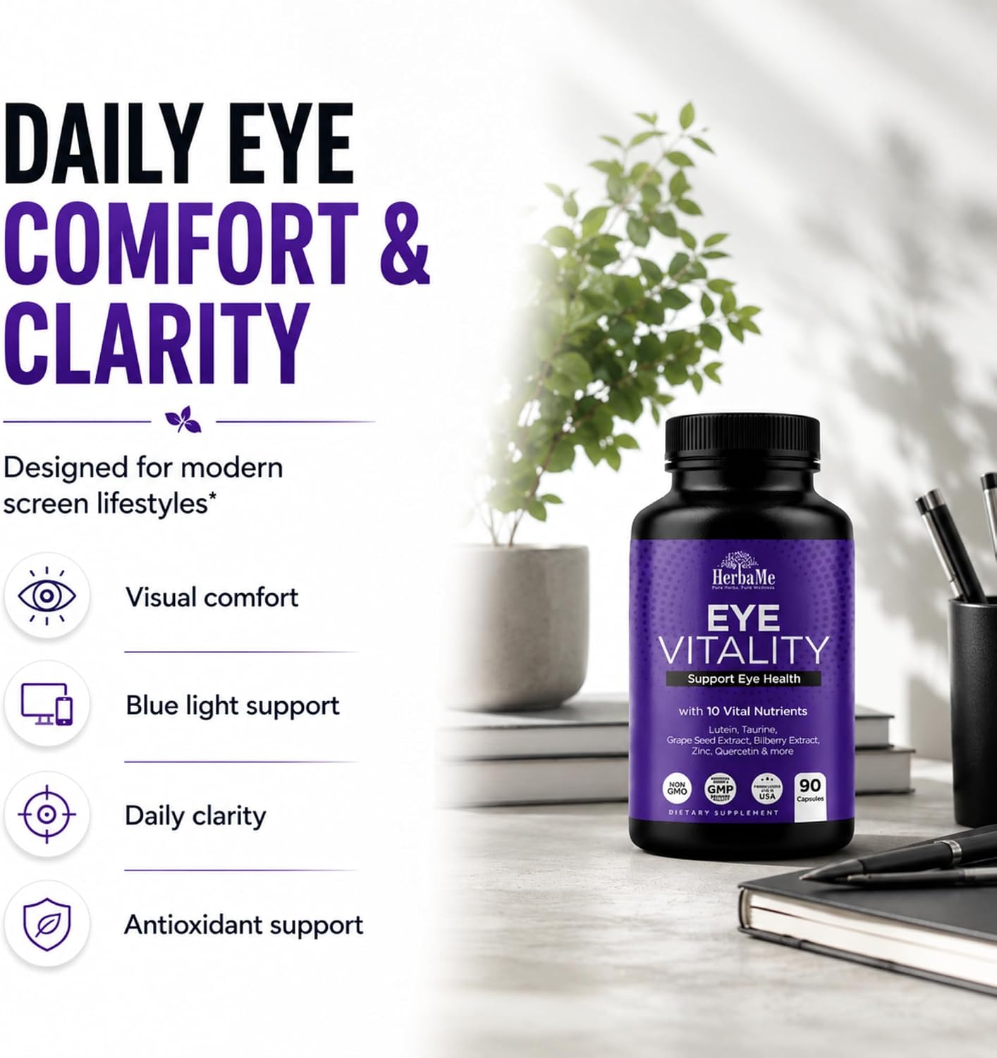 HerbaMe Eye Vitamins Supplement with Lutein, Bilberry, Beta Carotene, L-Taurine, Zinc and Quercetin, 90 Capsules, Supports Vision, Ocular and Macular Health, Helps Eyes Filter Blue Light