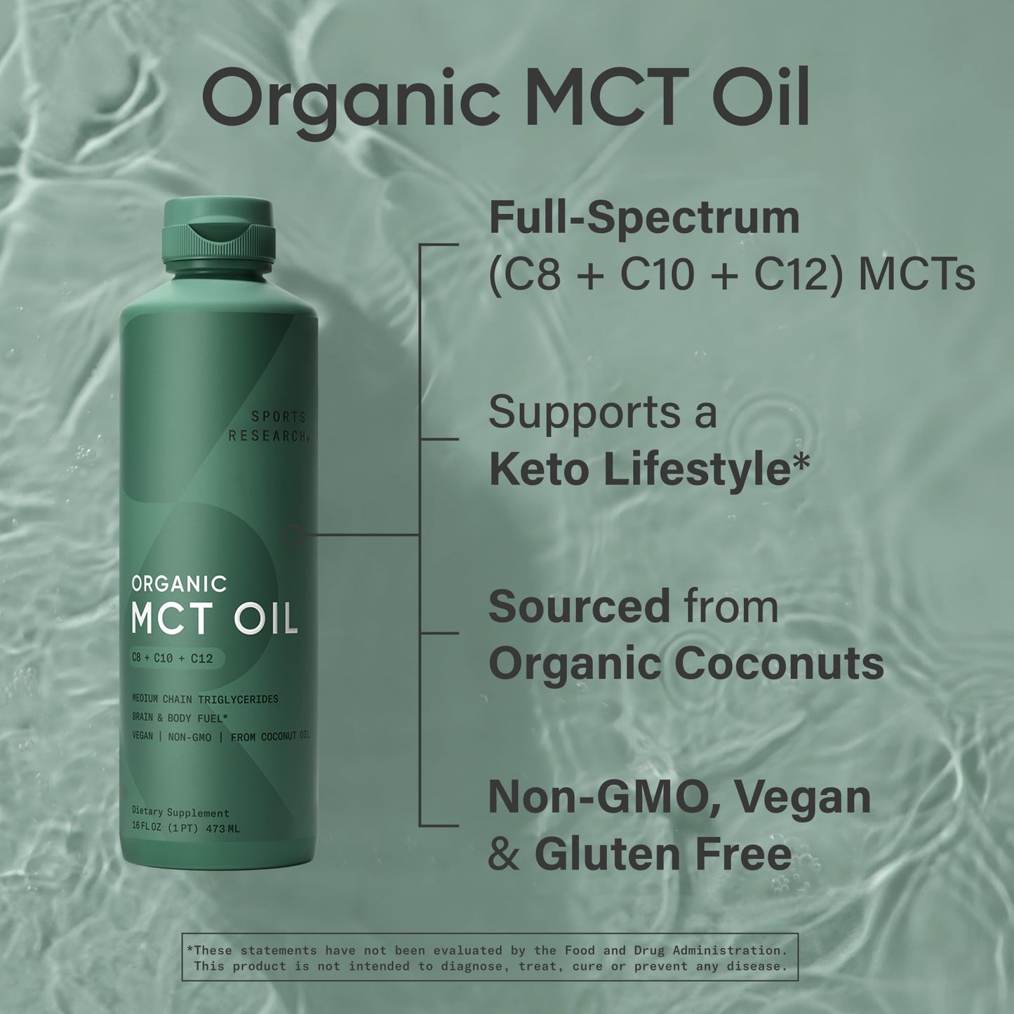 Sports Research Organic MCT Oil - Keto & Vegan MCTs C8, C10, C12 from Coconuts - Fatty Acid Brain & Body Fuel, Non-GMO & Gluten Free - Flavorless Oil, Perfect in Coffee, Tea & Protein Shakes - 32 oz