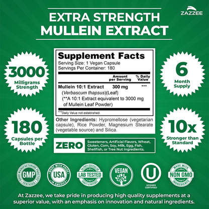 Zazzee Extra Strength Mullein Leaf 10:1 Extract, 120 Vegan Capsules, 4 Month Supply, Verbascum Thapsus, Respiratory & Lung Support, Certified Kosher, 100% Pure Leaf Powder, Non-GMO, Made in the USA