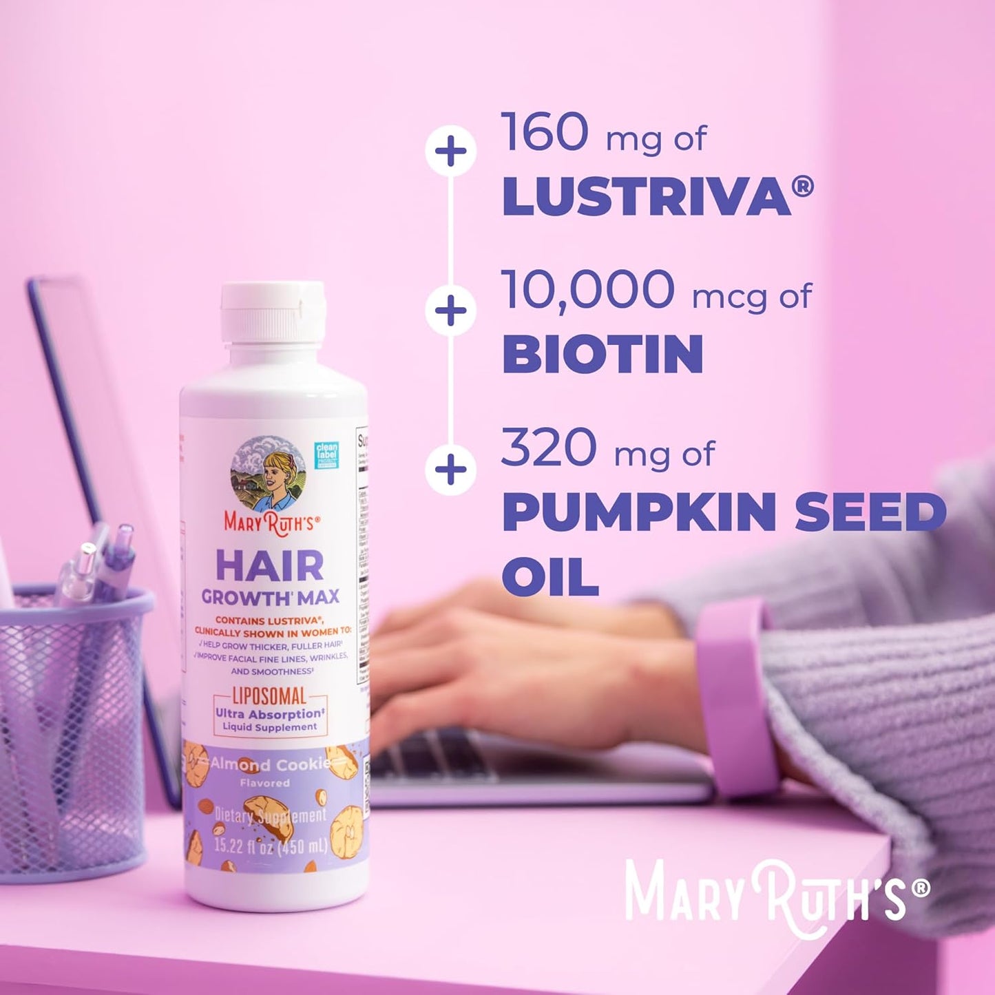 MaryRuth's Hair Growth Max Liposomal for Women | Lustriva® + Biotin 10000mcg + Pumpkin Seed Oil | Thicker Hair | Hair Care | Wrinkles, Fine Lines, Skin Care | Ages 18+ | CLP Certified | 15.22 Fl Oz