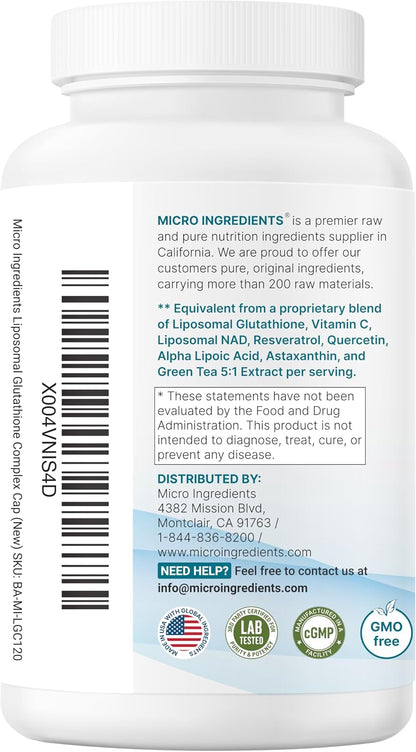 Micro Ingredients Liposomal Reduced Glutathione Complex 3,000mg - 8‑in‑1 Advanced Glutathione Supplement with NAD, Resveratrol, Quercetin, Alpha Lipoic Acid & Vitamin C - 120 Vegetarian Caps