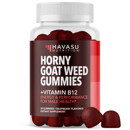 Horny Goat Weed Gummies with Vitamin B12, Raspberry Flavor, 30 Servings | Vegan, Non-GMO Horny Goat Weed Gummies to Support Drive, Vitality and Performance for Men, 60 Count, 1-Month Supply