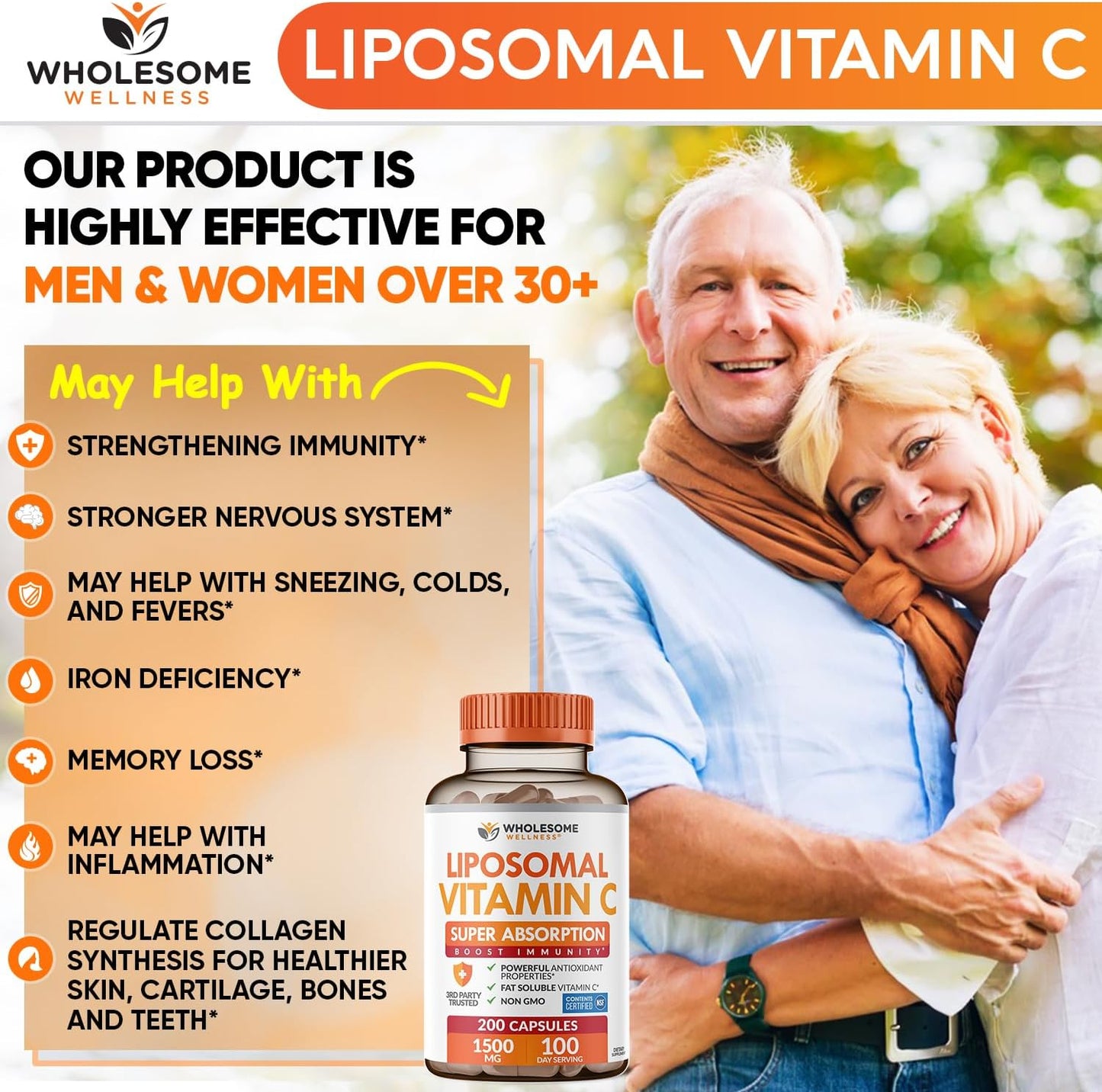 Wholesome Wellness Liposomal Vitamin C Capsules (200 Pills 1500mg Buffered) High Absorption, Immune System & Collagen Booster, High Dose Fat Soluble Immunity Support Ascorbic Acid, Natural Vegan