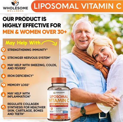 Wholesome Wellness Liposomal Vitamin C Capsules (200 Pills 1500mg Buffered) High Absorption, Immune System & Collagen Booster, High Dose Fat Soluble Immunity Support Ascorbic Acid, Natural Vegan