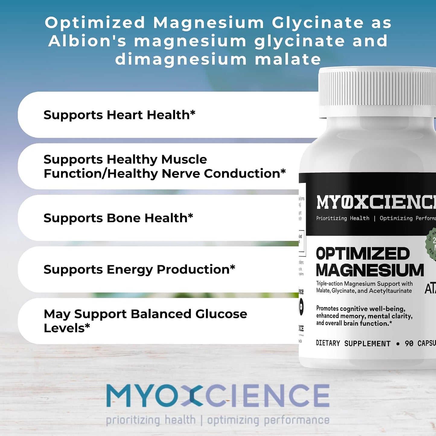 MYOXCIENCE Optimized Magnesium Glycinate + Magnesium Taurate (as ATAmag®) for High Brain Bioavailability to Support Stress Relief and Sleep | 30 Servings