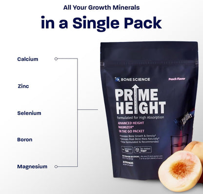 BONE SCIENCE Primeheight Multivitamin Powder for Kids & Teens, Bone & Immune Support, Sugar-Free Peach Flavor, 16 Key Nutrients, Easy Drink Mix, 30 Sticks
